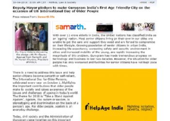 Deputy Mayor pledges to make Gurugram India’s first Age Friendly City on the occasion of UN International Day of Older People